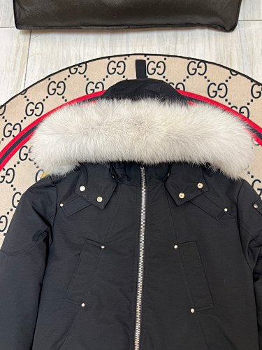 Moose Knuckles Black Down Bomber Jacket – White Fur Trim Silver Hardware Canadian Outerwear