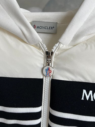 Moncler White Hybrid Down Hoodie Jacket – Quilted Front Fleece Sleeve Outerwear