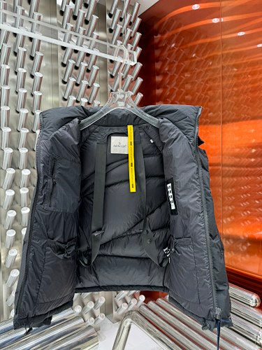 Moncler Black Technical Down Hooded Jacket – Matte Shell Structured Hood Wide Baffles Zip Draft Flap Moncler Outerwear