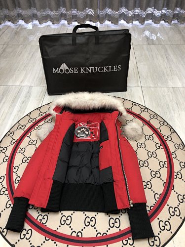 Moose Knuckles Red Fur Pom-Pom Down Bomber – White Fur Hood Gold Hardware Canadian Outerwear