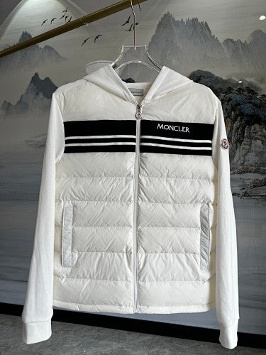 Moncler White Hybrid Down Hoodie Jacket – Quilted Front Fleece Sleeve Outerwear