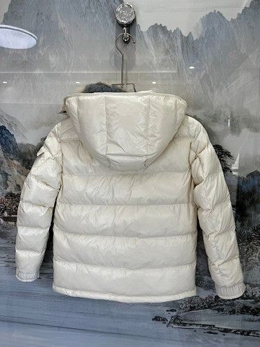 Moncler Ivory Classic Down Hooded Jacket – High-Gloss Shell Wide Horizontal Baffles Integrated Hood Tonal Hardware Tricolor Label Moncler Outerwear