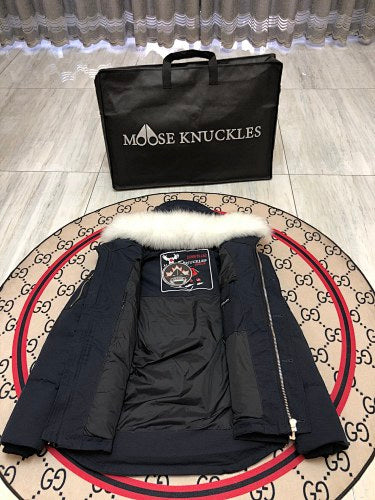 Moose Knuckles Navy Crystal Stud Down Bomber – White Fur Hood Silver Hardware Canadian Outerwear