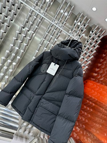 Moncler Black Technical Down Hooded Jacket – Matte Shell Structured Hood Wide Baffles Zip Draft Flap Moncler Outerwear
