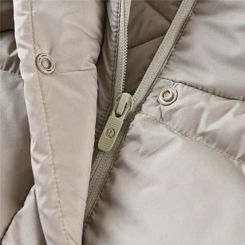 Lululemon Khaki Women's Hooded Down Puffer – Tonal Embossed Logo Allover Print Snap Placket Wide Baffle Integrated Hood Lululemon Outerwear