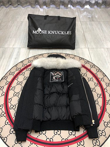 Moose Knuckles Black Down Bomber Jacket – White Fur Trim Silver Hardware Canadian Outerwear