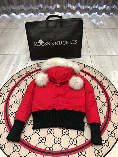 Moose Knuckles Red Fur Pom-Pom Down Bomber – White Fur Hood Gold Hardware Canadian Outerwear