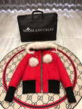 Moose Knuckles Red Fur Pom-Pom Down Bomber – White Fur Hood Gold Hardware Canadian Outerwear