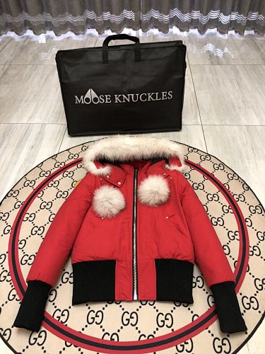 Moose Knuckles Red Fur Pom-Pom Down Bomber – White Fur Hood Gold Hardware Canadian Outerwear