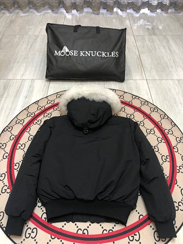 Moose Knuckles Black Down Bomber Jacket – White Fur Trim Silver Hardware Canadian Outerwear