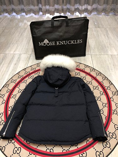 Moose Knuckles Navy Crystal Stud Down Bomber – White Fur Hood Silver Hardware Canadian Outerwear