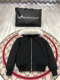 Moose Knuckles Black Down Bomber Jacket – White Fur Trim Silver Hardware Canadian Outerwear