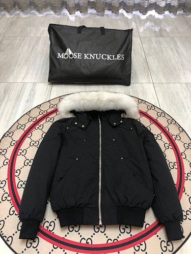 Moose Knuckles Black Down Bomber Jacket – White Fur Trim Silver Hardware Canadian Outerwear