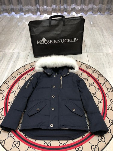 Moose Knuckles Navy Crystal Stud Down Bomber – White Fur Hood Silver Hardware Canadian Outerwear