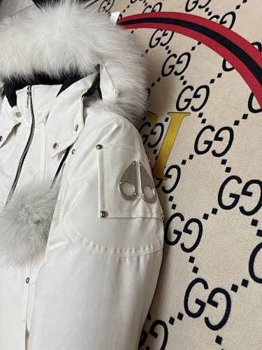 Moose Knuckles White Fur Pom-Pom Down Bomber – Tonal Fur Hood Silver Hardware Canadian Outerwear