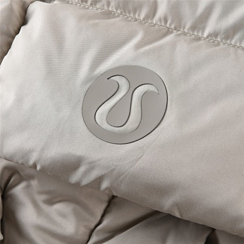Lululemon Khaki Women's Hooded Down Puffer – Tonal Embossed Logo Allover Print Snap Placket Wide Baffle Integrated Hood Lululemon Outerwear