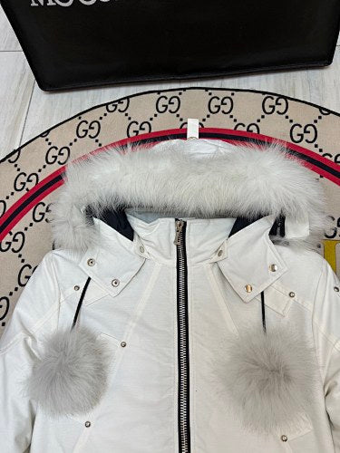 Moose Knuckles White Fur Pom-Pom Down Bomber – Tonal Fur Hood Silver Hardware Canadian Outerwear
