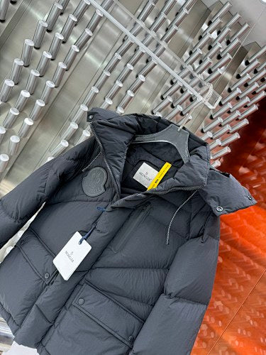 Moncler Black Technical Down Hooded Jacket – Matte Shell Structured Hood Wide Baffles Zip Draft Flap Moncler Outerwear