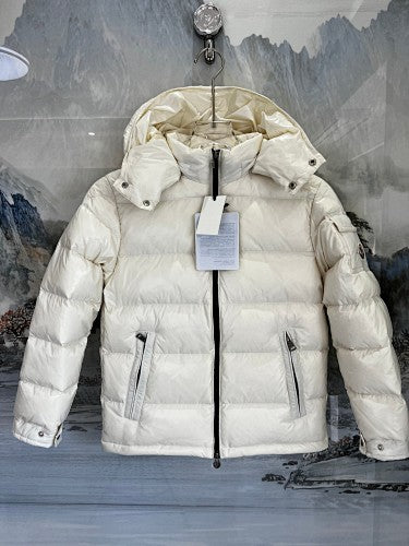 Moncler Ivory Classic Down Hooded Jacket – High-Gloss Shell Wide Horizontal Baffles Integrated Hood Tonal Hardware Tricolor Label Moncler Outerwear
