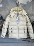 Moncler Ivory Classic Down Hooded Jacket – High-Gloss Shell Wide Horizontal Baffles Integrated Hood Tonal Hardware Tricolor Label Moncler Outerwear