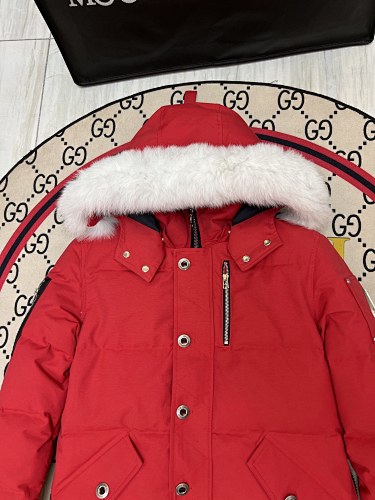 Moose Knuckles Red Crystal Stud Down Bomber – White Fur Hood Gold Hardware Canadian Outerwear