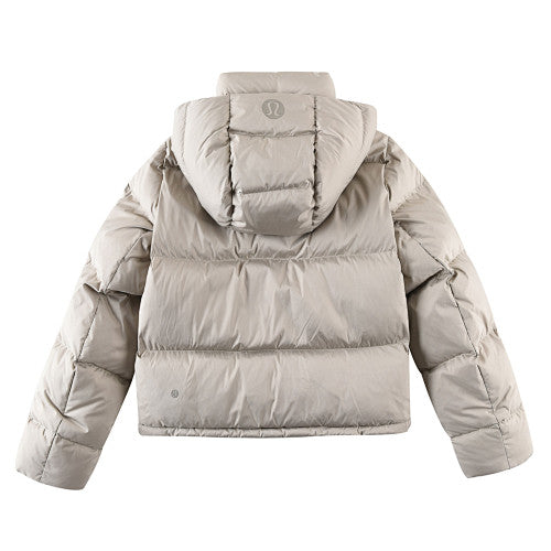 Lululemon Khaki Women's Hooded Down Puffer – Tonal Embossed Logo Allover Print Snap Placket Wide Baffle Integrated Hood Lululemon Outerwear