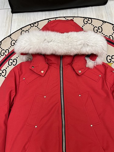 Moose Knuckles Red Down Bomber Jacket – White Fur Trim Gold Hardware Canadian Outerwear