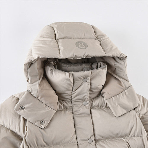 Lululemon Khaki Women's Hooded Down Puffer – Tonal Embossed Logo Allover Print Snap Placket Wide Baffle Integrated Hood Lululemon Outerwear