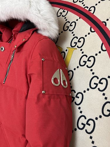 Moose Knuckles Red Crystal Stud Down Bomber – White Fur Hood Gold Hardware Canadian Outerwear