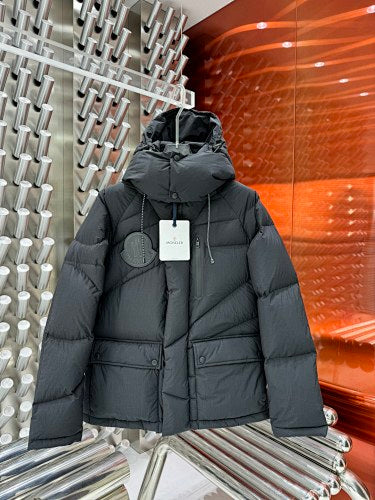 Moncler Black Technical Down Hooded Jacket – Matte Shell Structured Hood Wide Baffles Zip Draft Flap Moncler Outerwear