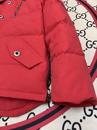 Moose Knuckles Red Crystal Stud Down Bomber – White Fur Hood Gold Hardware Canadian Outerwear