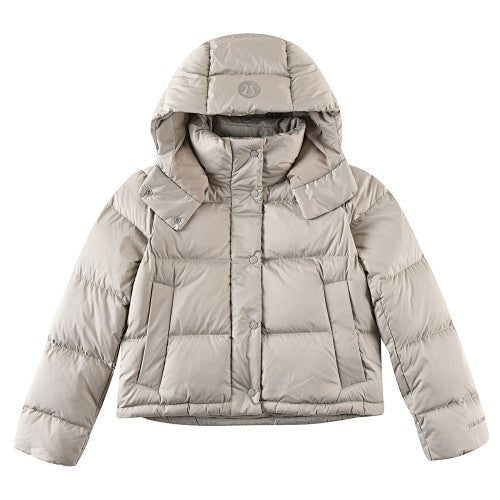 Lululemon Khaki Women's Hooded Down Puffer – Tonal Embossed Logo Allover Print Snap Placket Wide Baffle Integrated Hood Lululemon Outerwear