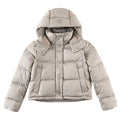 Lululemon Khaki Women's Hooded Down Puffer – Tonal Embossed Logo Allover Print Snap Placket Wide Baffle Integrated Hood Lululemon Outerwear