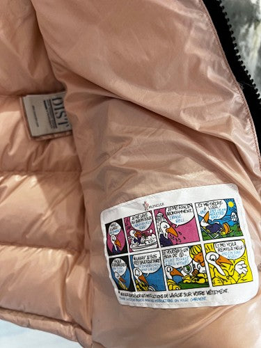 Moncler Rose Gold Iridescent Down Jacket – Metallic Lacquered Shell Integrated Hood Tricolor Arm Badge Comic-Strip Label Moncler Outerwear
