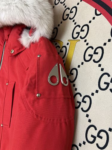 Moose Knuckles Red Down Bomber Jacket – White Fur Trim Gold Hardware Canadian Outerwear