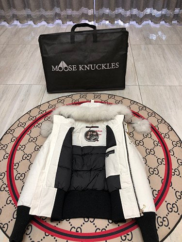 Moose Knuckles White Fur Pom-Pom Down Bomber – Tonal Fur Hood Silver Hardware Canadian Outerwear