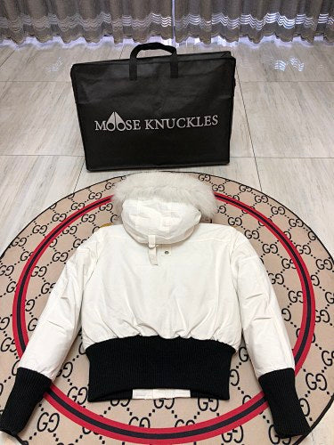 Moose Knuckles White Fur Pom-Pom Down Bomber – Tonal Fur Hood Silver Hardware Canadian Outerwear