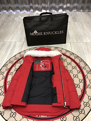 Moose Knuckles Red Crystal Stud Down Bomber – White Fur Hood Gold Hardware Canadian Outerwear