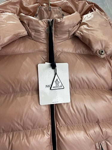 Moncler Rose Gold Iridescent Down Jacket – Metallic Lacquered Shell Integrated Hood Tricolor Arm Badge Comic-Strip Label Moncler Outerwear