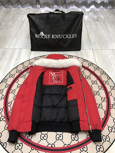 Moose Knuckles Red Down Bomber Jacket – White Fur Trim Gold Hardware Canadian Outerwear