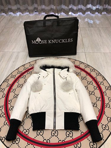 Moose Knuckles White Fur Pom-Pom Down Bomber – Tonal Fur Hood Silver Hardware Canadian Outerwear