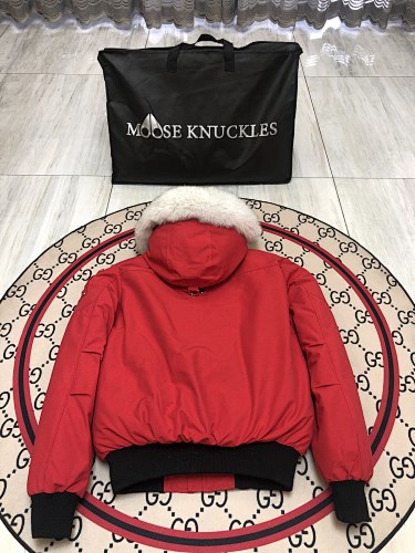 Moose Knuckles Red Down Bomber Jacket – White Fur Trim Gold Hardware Canadian Outerwear