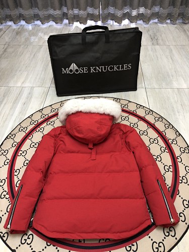 Moose Knuckles Red Crystal Stud Down Bomber – White Fur Hood Gold Hardware Canadian Outerwear