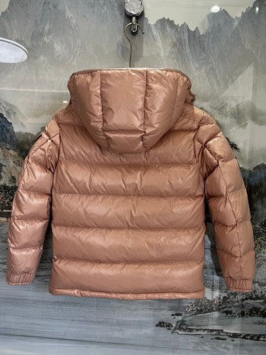 Moncler Rose Gold Iridescent Down Jacket – Metallic Lacquered Shell Integrated Hood Tricolor Arm Badge Comic-Strip Label Moncler Outerwear