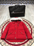 Moose Knuckles Red Crystal Stud Down Bomber – White Fur Hood Gold Hardware Canadian Outerwear