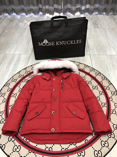 Moose Knuckles Red Crystal Stud Down Bomber – White Fur Hood Gold Hardware Canadian Outerwear