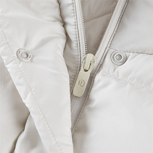 Lululemon Ivory Women's Hooded Down Puffer – Tonal Embossed Logo Snap Placket Wide Baffle Integrated Hood Lululemon Outerwear