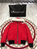 Moose Knuckles Red Down Bomber Jacket – White Fur Trim Gold Hardware Canadian Outerwear