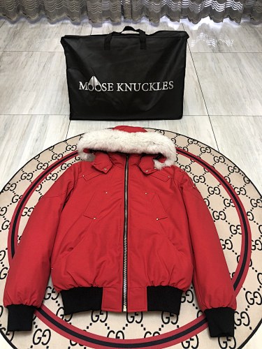 Moose Knuckles Red Down Bomber Jacket – White Fur Trim Gold Hardware Canadian Outerwear