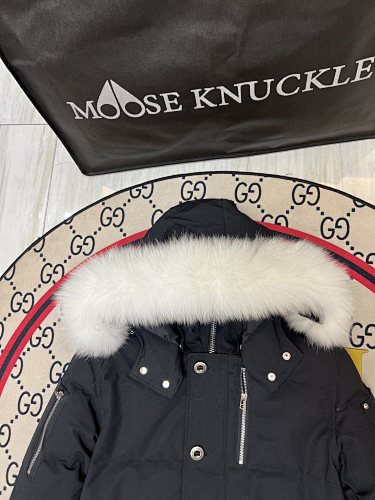 Moose Knuckles Black Crystal Stud Down Bomber – White Fur Hood Silver Hardware Canadian Outerwear